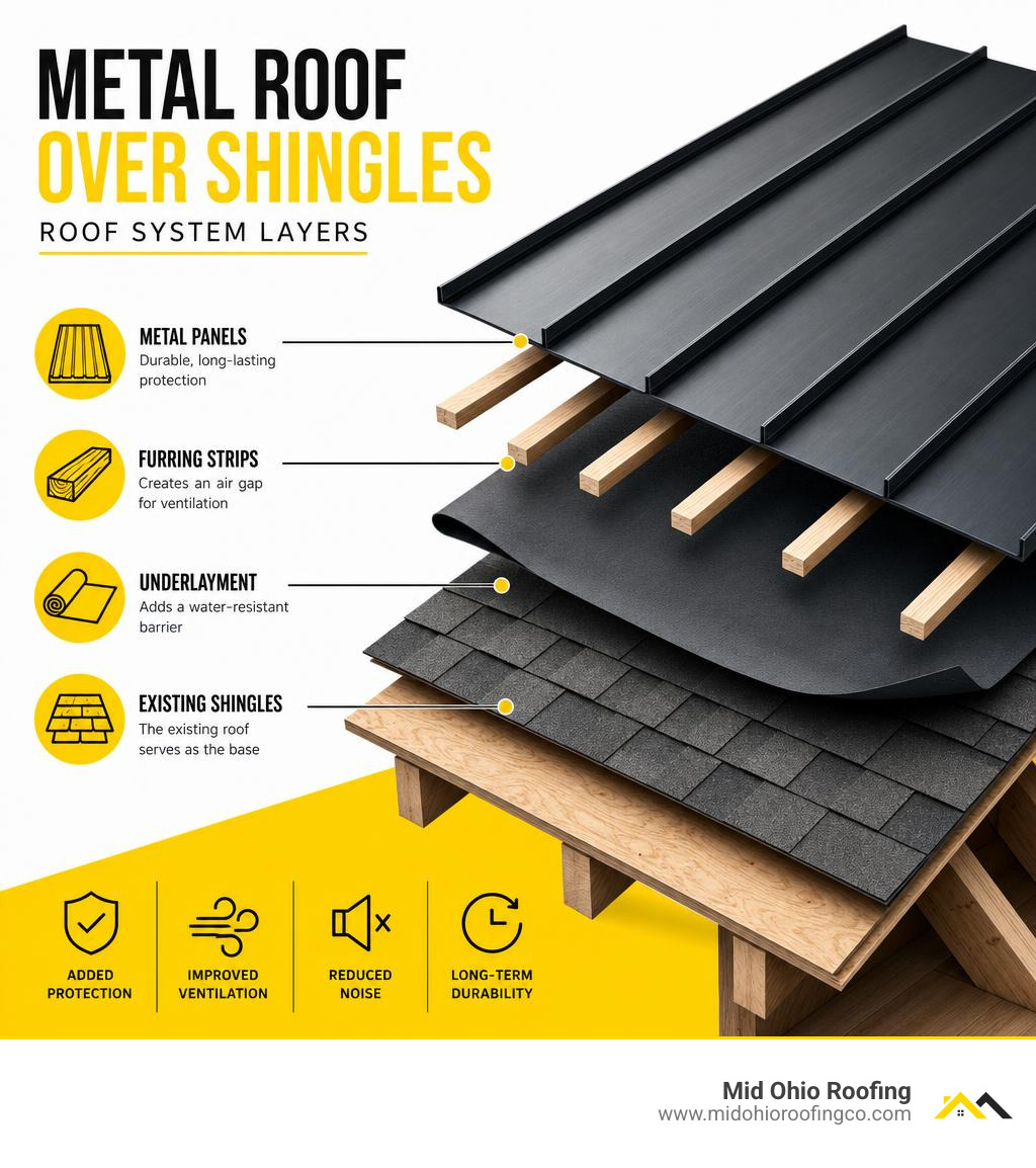 Infographic showing layers of a metal-over-shingle roof system including shingles, underlayment, furring strips, and metal