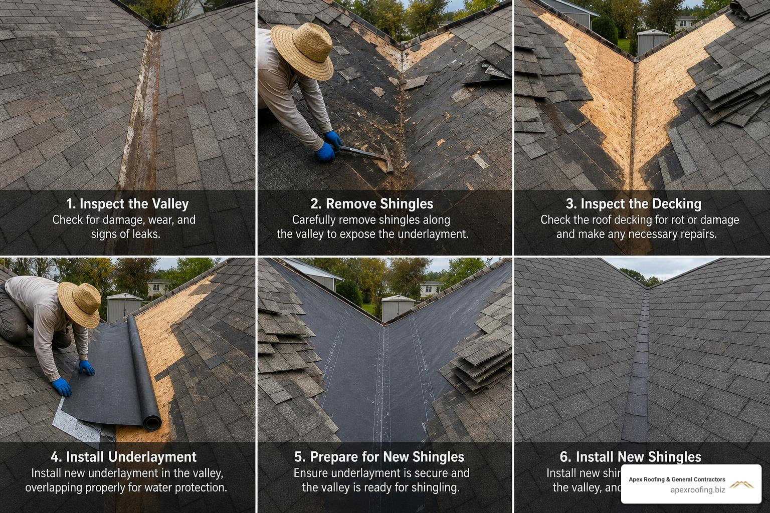 Step-by-step roof valley flashing repair showing shingle removal and underlayment installation