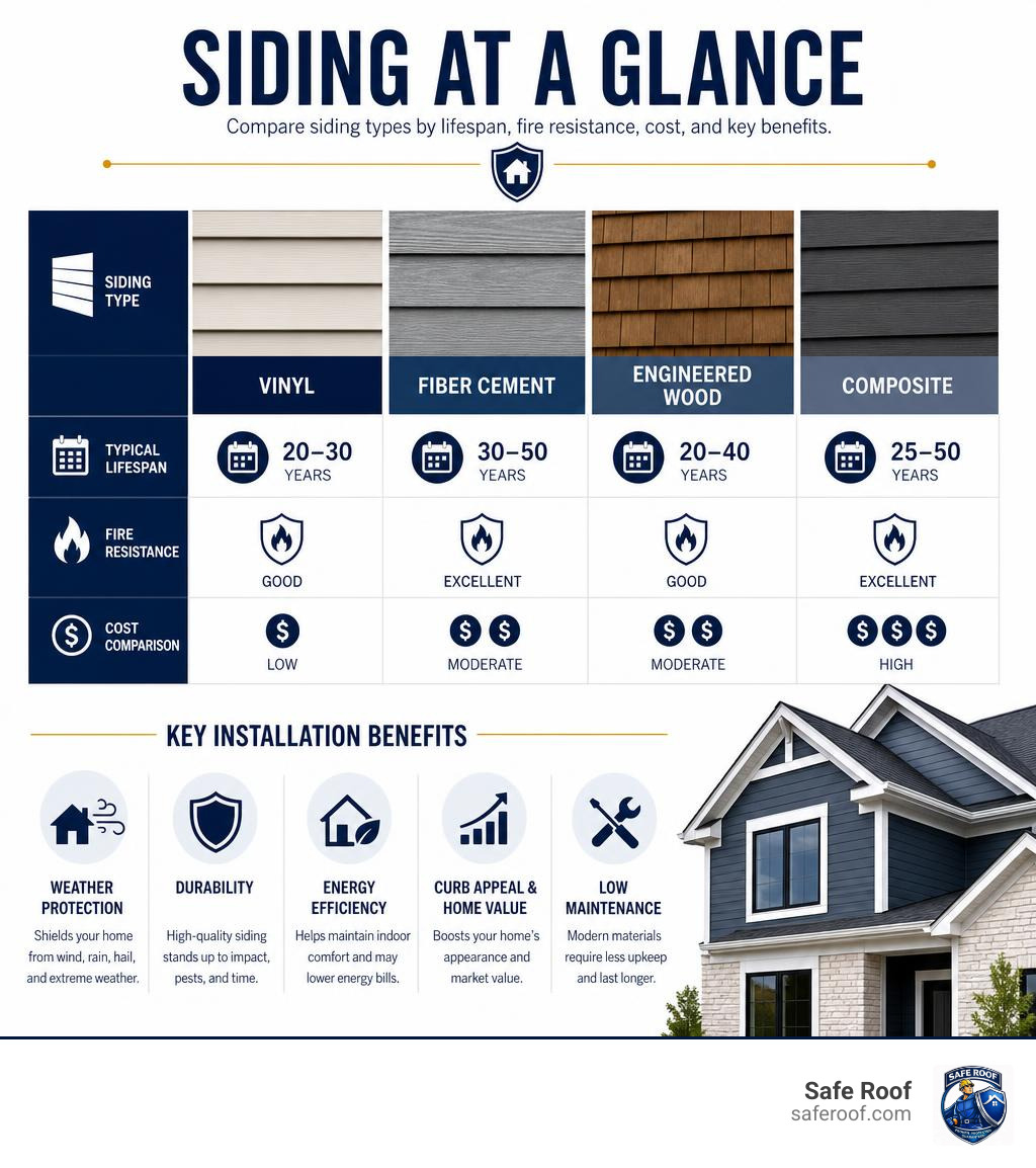 Infographic showing siding types, lifespans, fire resistance, cost comparison, and key installation benefits infographic
