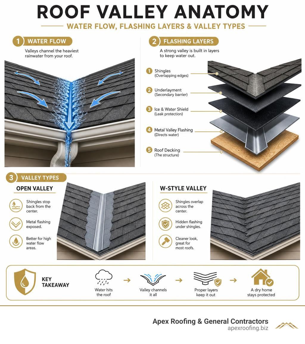 Roof valley anatomy infographic showing water flow, flashing layers, and valley types infographic