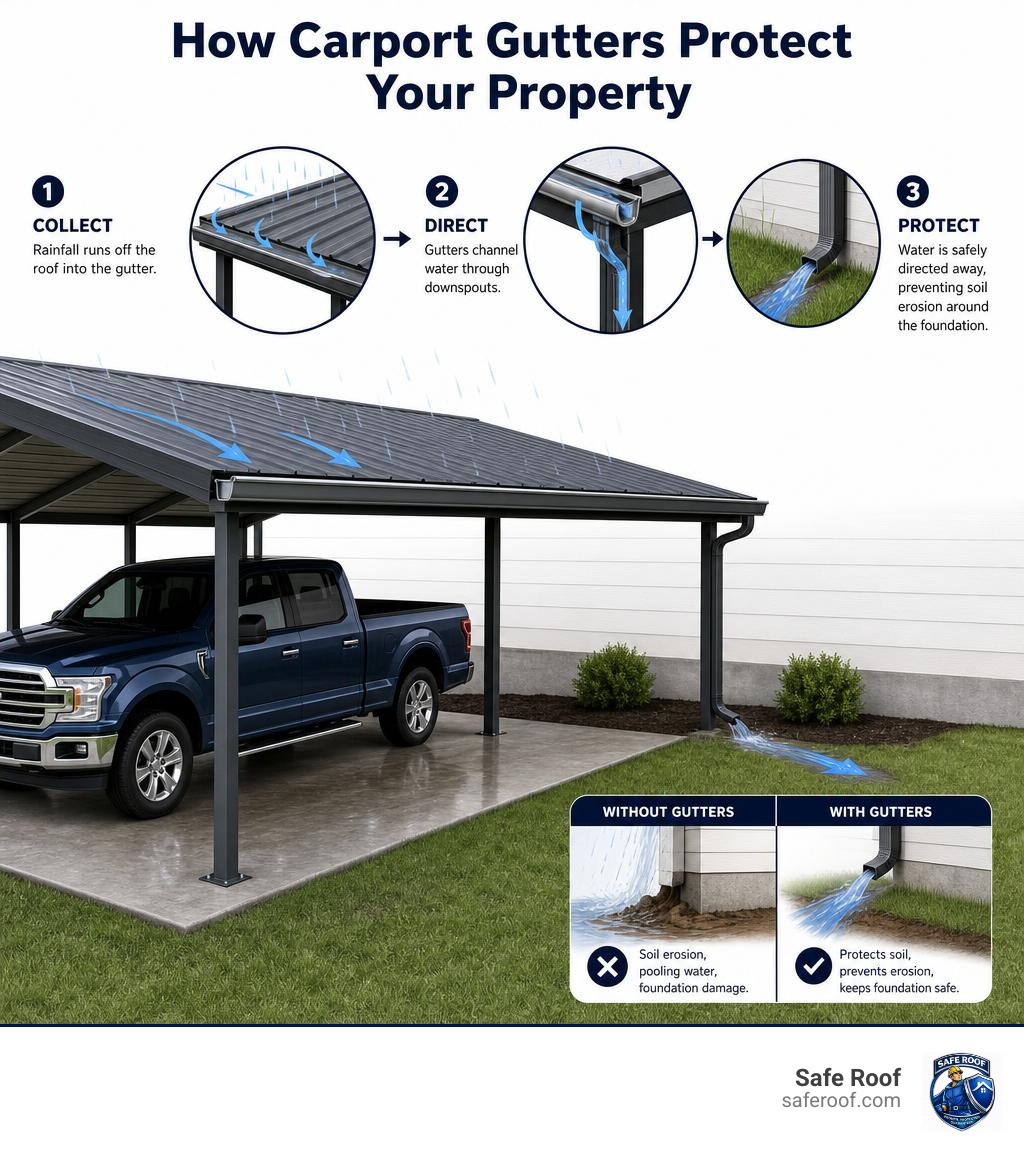 Infographic showing how carport gutters collect roofline runoff, direct it through downspouts, and prevent soil erosion Infographic showing how carport gutters collect roofline runoff, direct it through downspouts, and prevent soil erosion