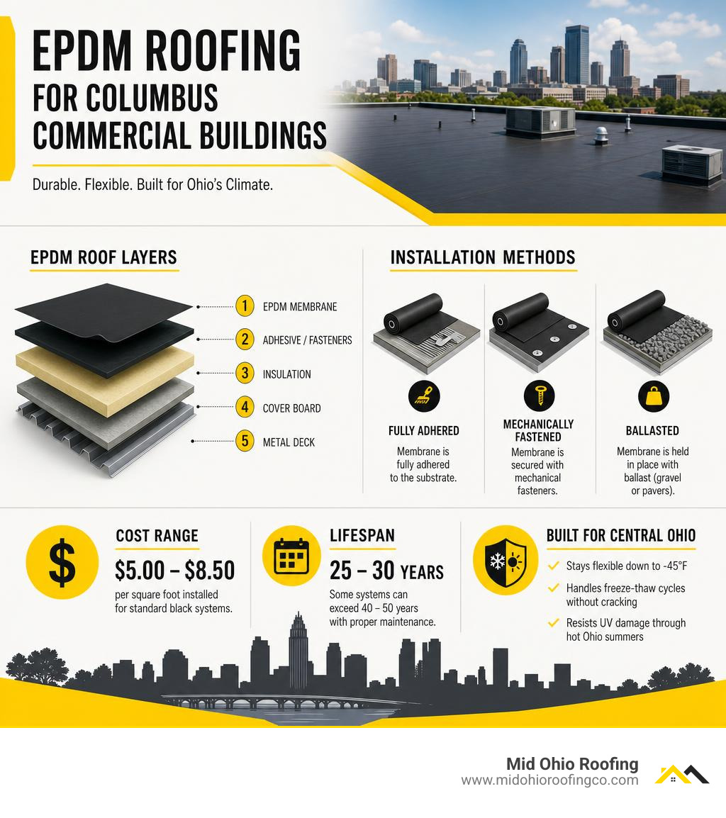Infographic showing EPDM roof layers, installation methods, cost ranges, and lifespan for Columbus commercial buildings Infographic showing EPDM roof layers, installation methods, cost ranges, and lifespan for Columbus commercial buildings