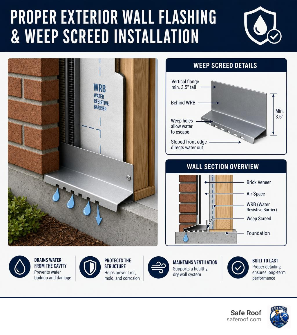 Proper exterior wall flashing and weep screed installation details infographic