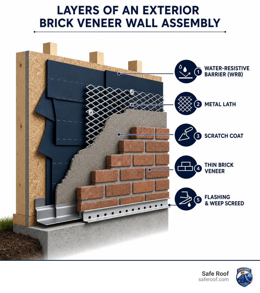 Layers of an exterior brick veneer wall assembly showing WRB, lath, scratch coat, thin brick, and flashing infographic