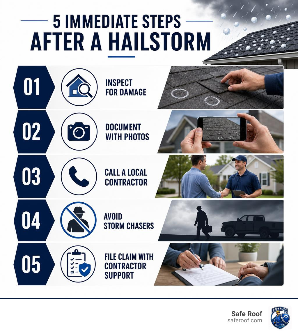 Infographic showing 5 immediate steps after a hailstorm: inspect for damage, document with photos, call a local contractor Infographic showing 5 immediate steps after a hailstorm: inspect for damage, document with photos, call a local contractor