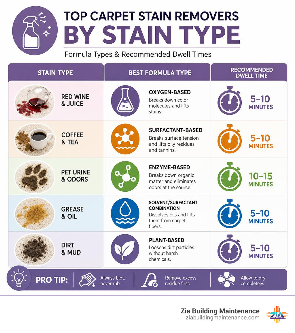 Infographic showing top carpet stain removers by stain type with formula types and dwell times infographic Infographic showing top carpet stain removers by stain type with formula types and dwell times infographic