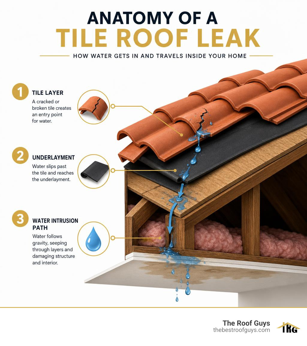 Anatomy of a tile roof leak showing tile layer, underlayment, and water intrusion path infographic