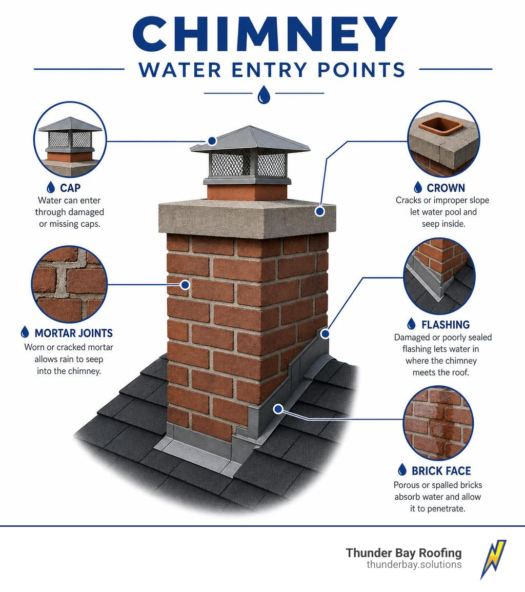 Chimney water entry points infographic: cap, crown, mortar joints, flashing, brick face infographic Chimney water entry points infographic: cap, crown, mortar joints, flashing, brick face infographic