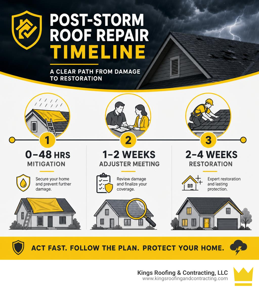 Post-storm roof repair timeline infographic: 0-48 hrs mitigation, 1-2 weeks adjuster meeting, 2-4 weeks restoration Post-storm roof repair timeline infographic: 0-48 hrs mitigation, 1-2 weeks adjuster meeting, 2-4 weeks restoration