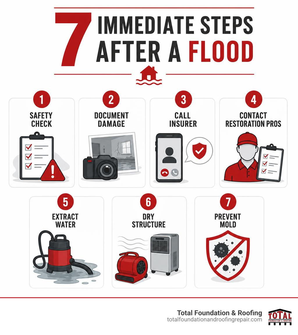 Infographic showing 7 immediate steps after a flood: safety check, document damage, call insurer, contact restoration pros