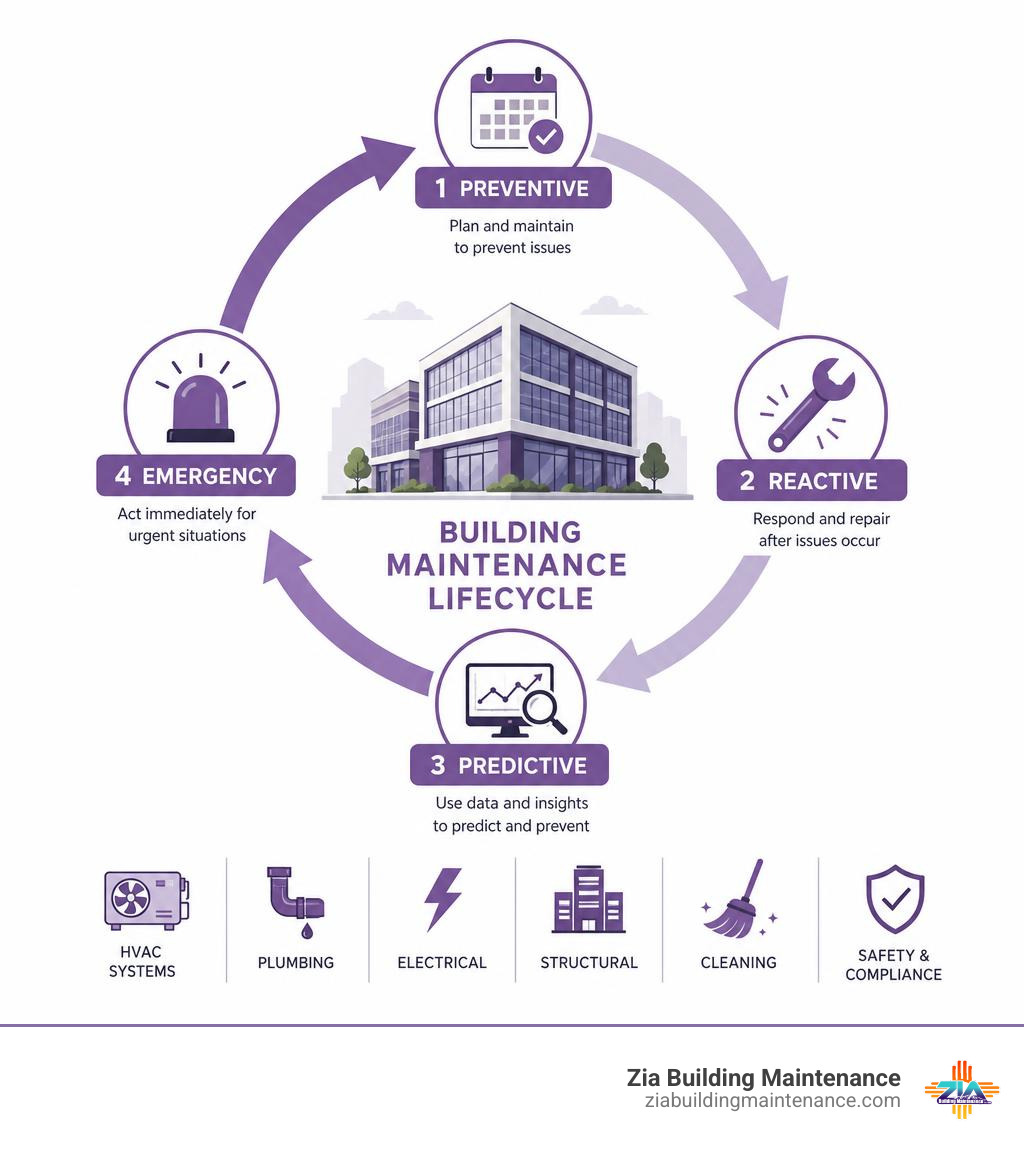 Building maintenance lifecycle infographic showing preventive reactive predictive and emergency stages infographic Building maintenance lifecycle infographic showing preventive reactive predictive and emergency stages infographic