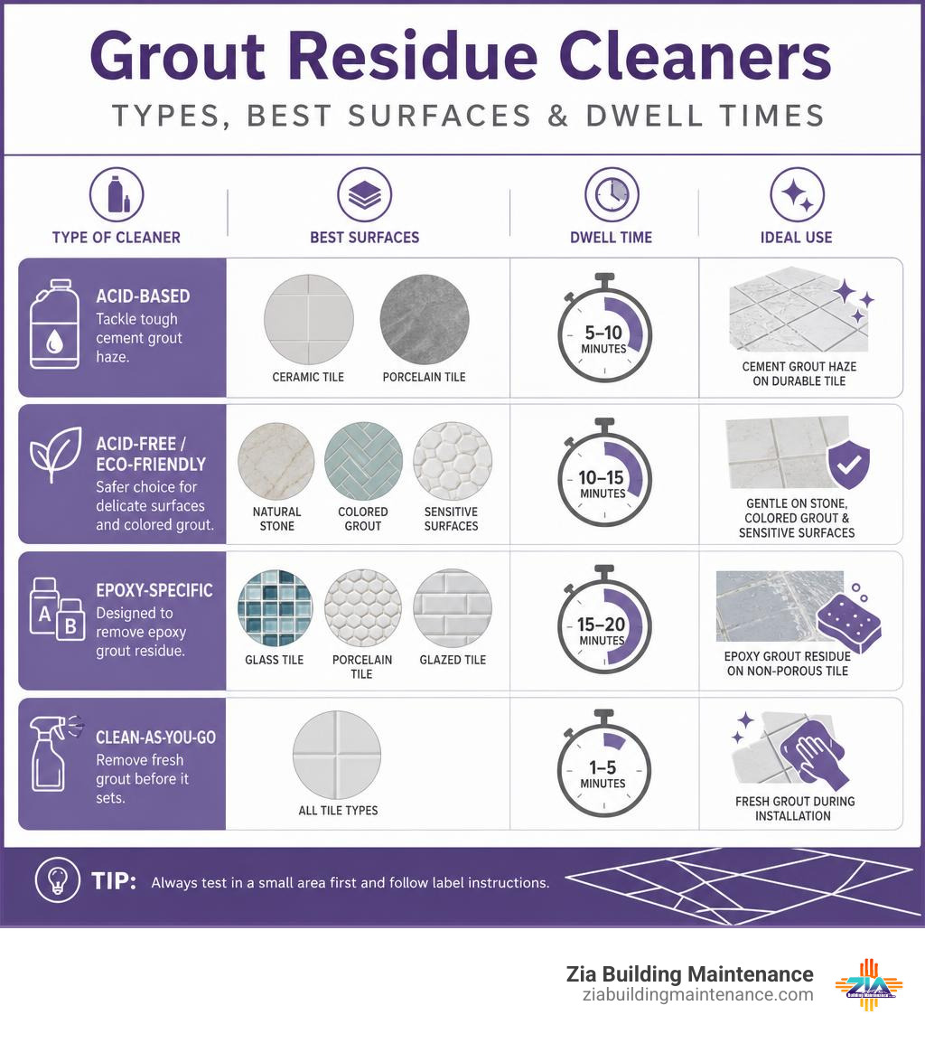 Infographic showing types of grout residue cleaners, best surfaces, and dwell times infographic Infographic showing types of grout residue cleaners, best surfaces, and dwell times infographic