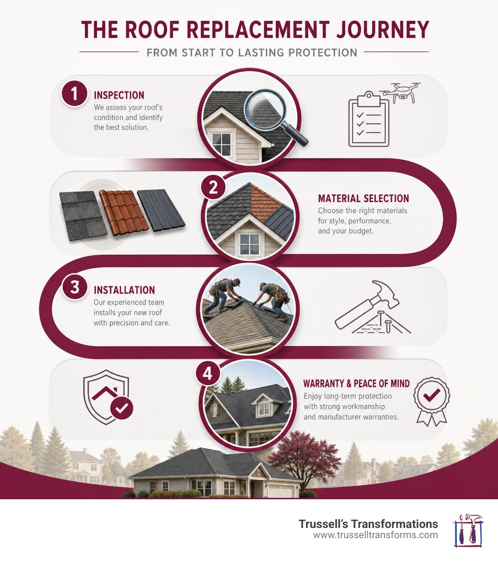 Infographic Showing The Roof Replacement Journey From Inspection To Material Selection To Installation And Warranty Infographic Showing The Roof Replacement Journey From Inspection To Material Selection To Installation And Warranty