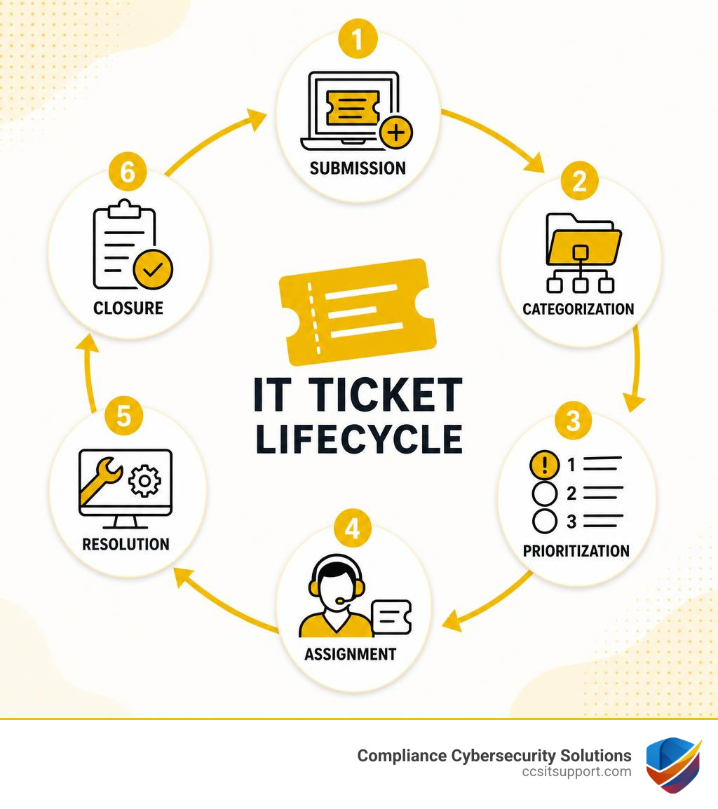 Infographic showing IT ticket lifecycle: submission, categorization, prioritization, assignment, resolution, closure