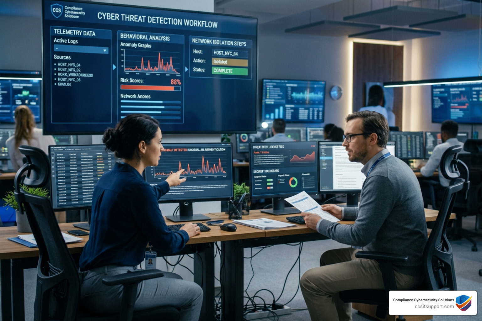 Threat hunting workflow showing telemetry ingestion, behavioral analysis, and threat isolation