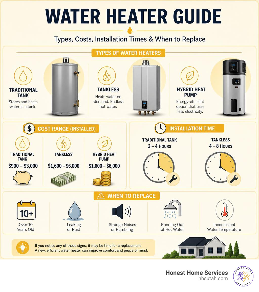 Infographic showing types of water heaters, cost ranges, installation times, and when to replace infographic Infographic showing types of water heaters, cost ranges, installation times, and when to replace infographic