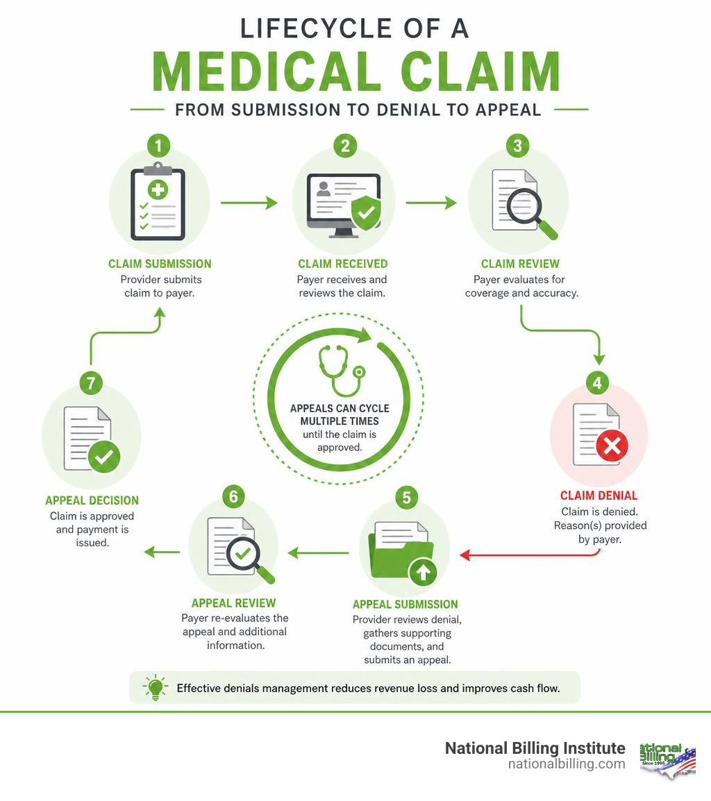 Lifecycle of a medical claim from submission to denial to appeal infographic Lifecycle of a medical claim from submission to denial to appeal infographic