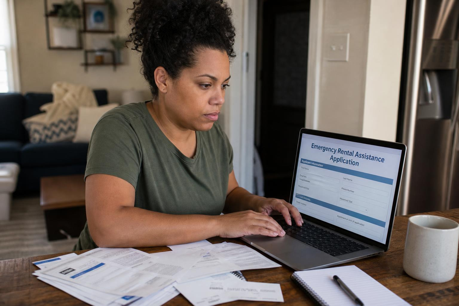 An applicant focused on filling out an online emergency rental assistance application portal on a laptop