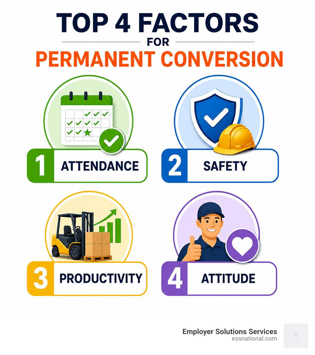 Infographic showing the top 4 factors for permanent conversion: Attendance, Safety, Productivity, and Attitude infographic Infographic showing the top 4 factors for permanent conversion: Attendance, Safety, Productivity, and Attitude infographic