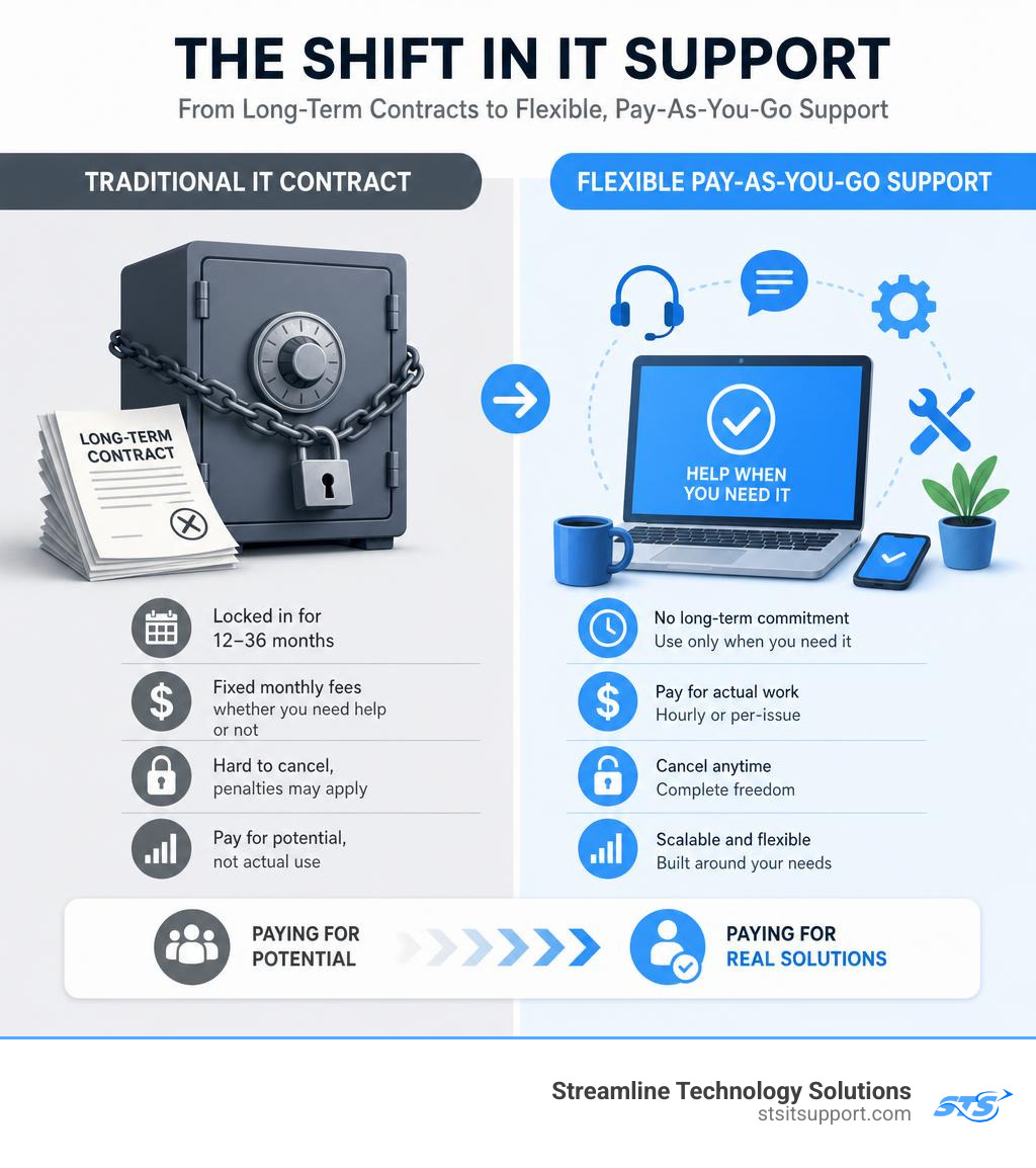 Infographic showing the shift from long-term IT contracts to flexible pay-as-you-go IT support models infographic Infographic showing the shift from long-term IT contracts to flexible pay-as-you-go IT support models infographic