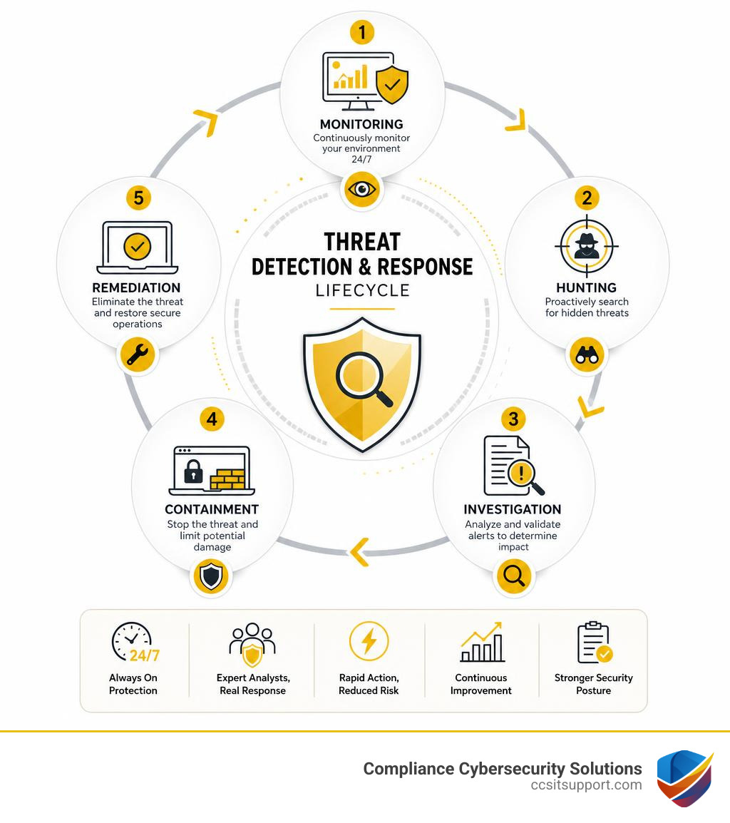 Threat detection and response lifecycle infographic showing monitoring, hunting, investigation, containment, and remediation