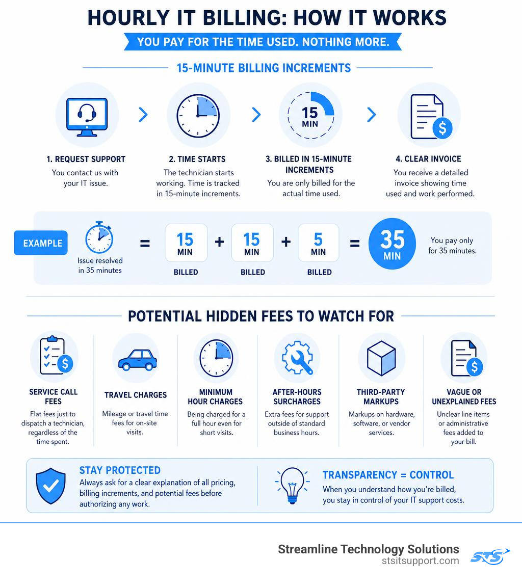 Infographic detailing the breakdown of hourly IT billing increments and potential hidden fees infographic Infographic detailing the breakdown of hourly IT billing increments and potential hidden fees infographic