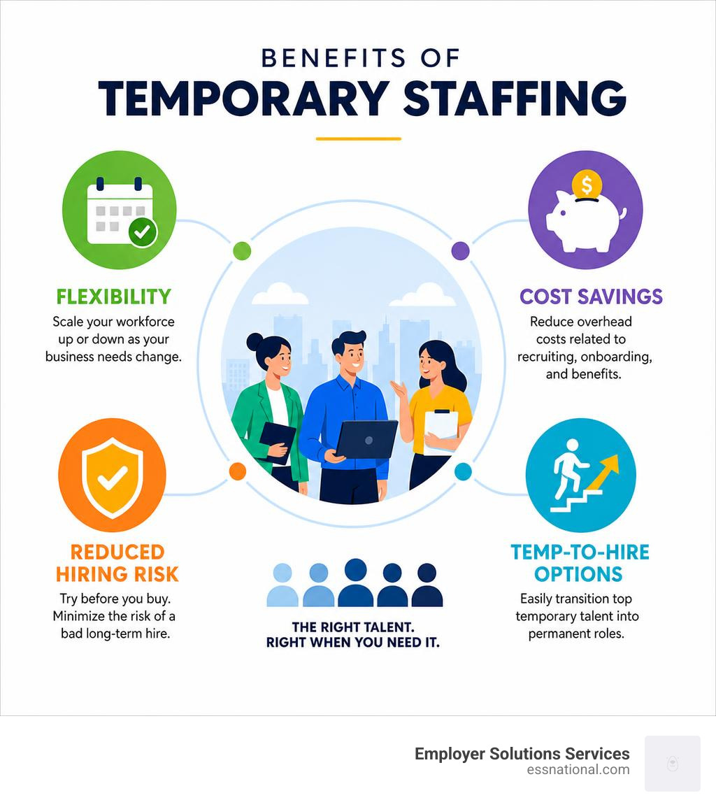Infographic showing benefits of temporary staffing including flexibility, cost savings, reduced hiring risk, and