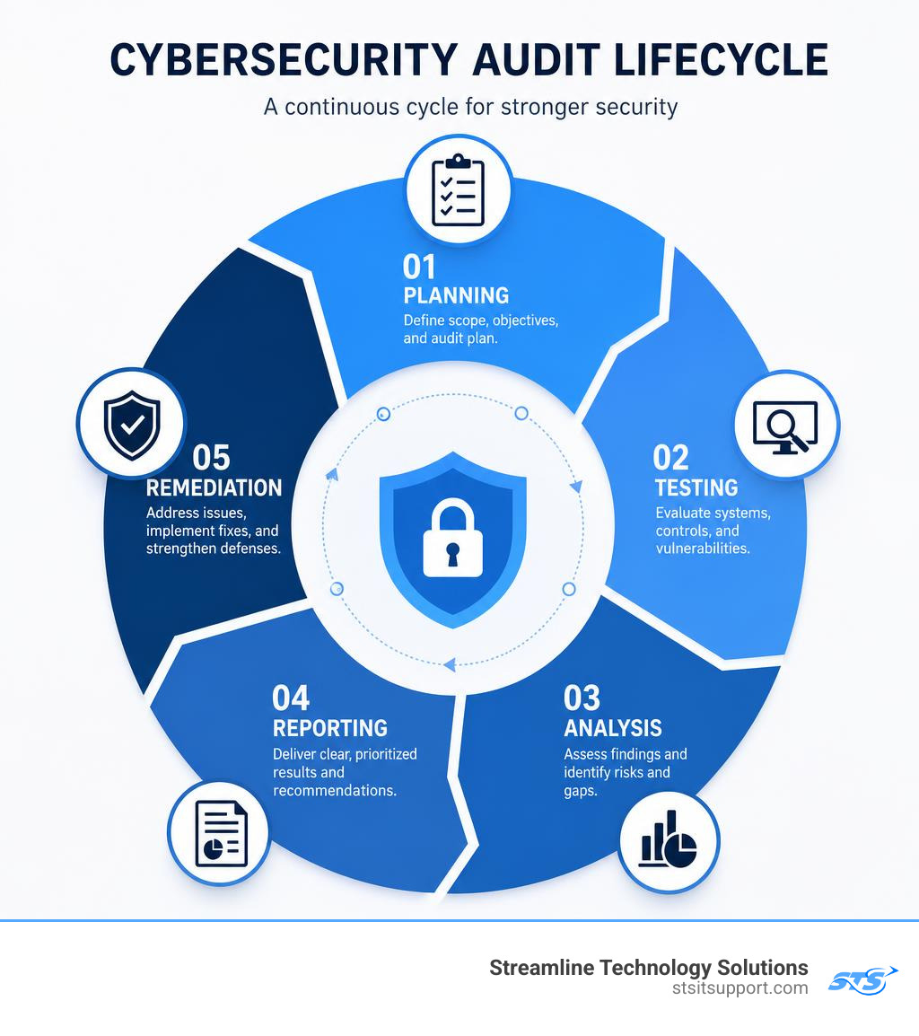 Cybersecurity audit lifecycle: planning, testing, analysis, reporting, and remediation infographic Cybersecurity audit lifecycle: planning, testing, analysis, reporting, and remediation infographic
