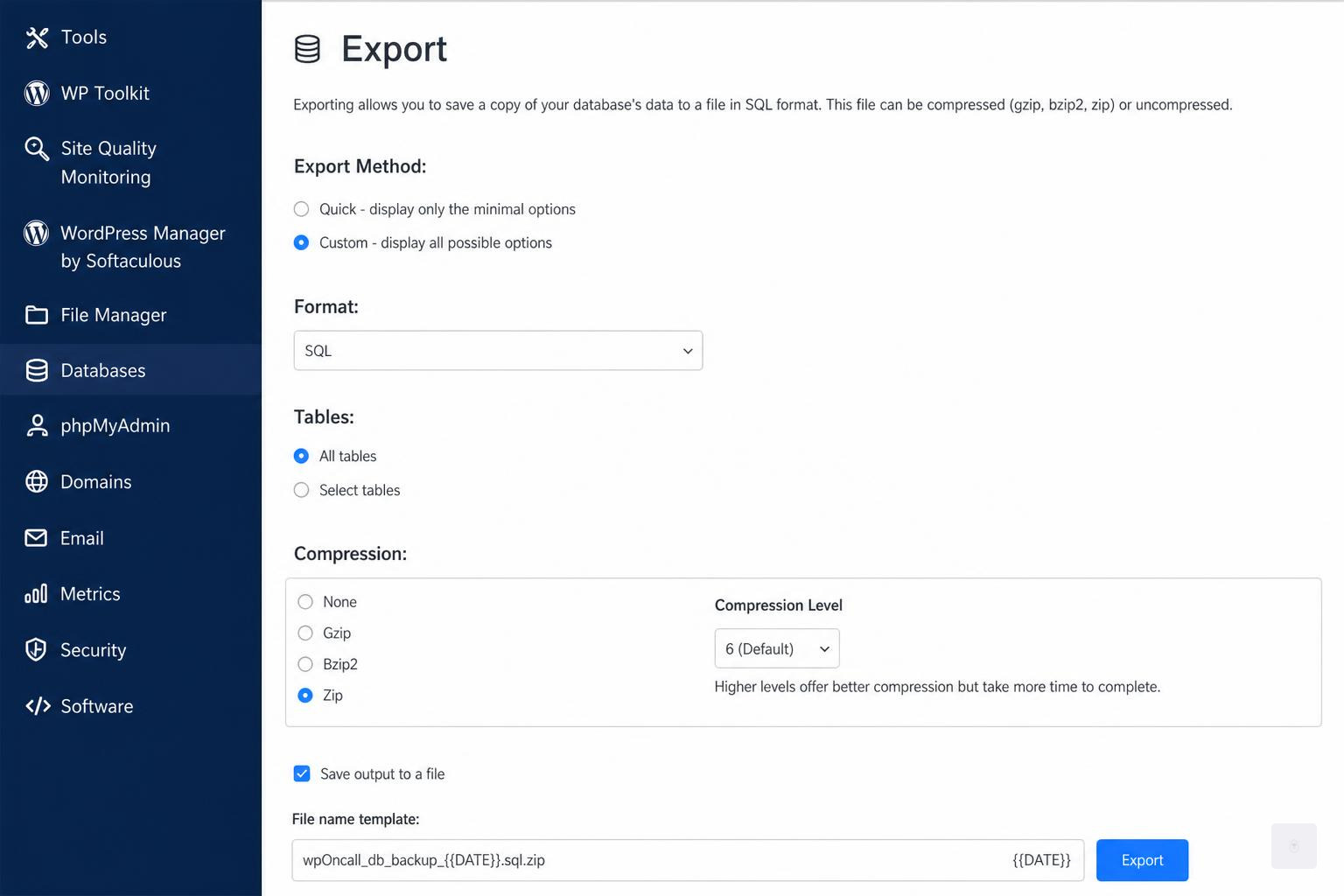 WordPress backup process - database export screen showing SQL compression options WordPress backup process - database export screen showing SQL compression options