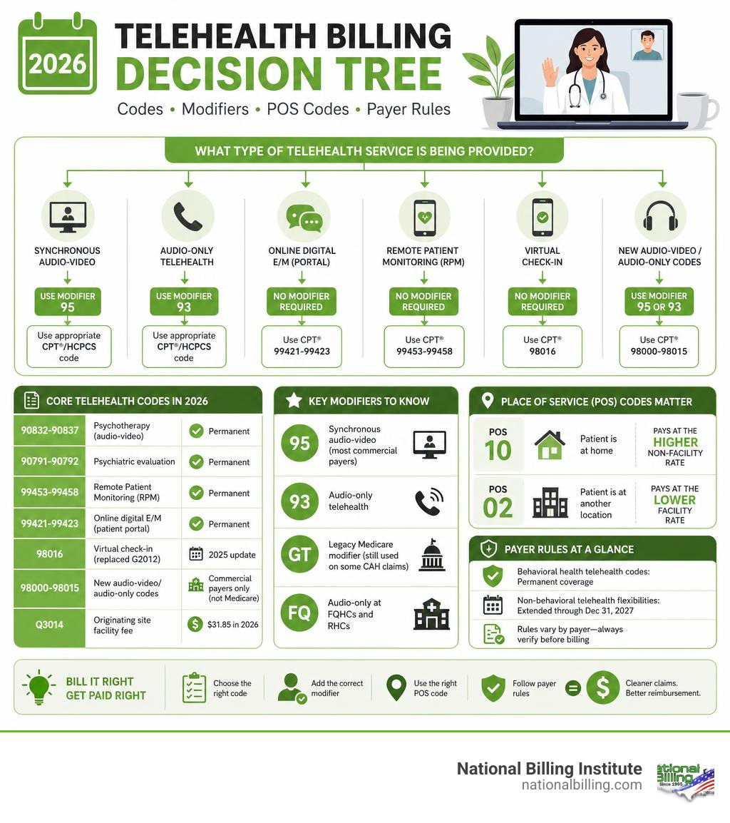 2026 telehealth billing decision tree showing codes, modifiers, POS codes, and payer rules infographic