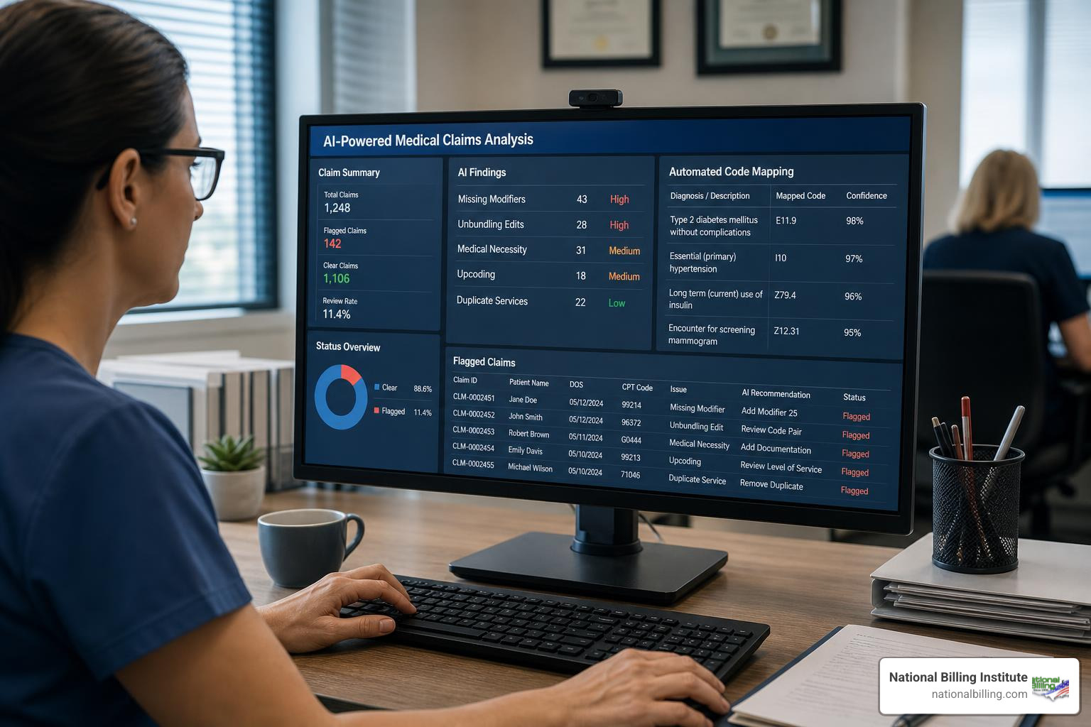 AI technology analyzing medical claims for errors and automated code mapping
