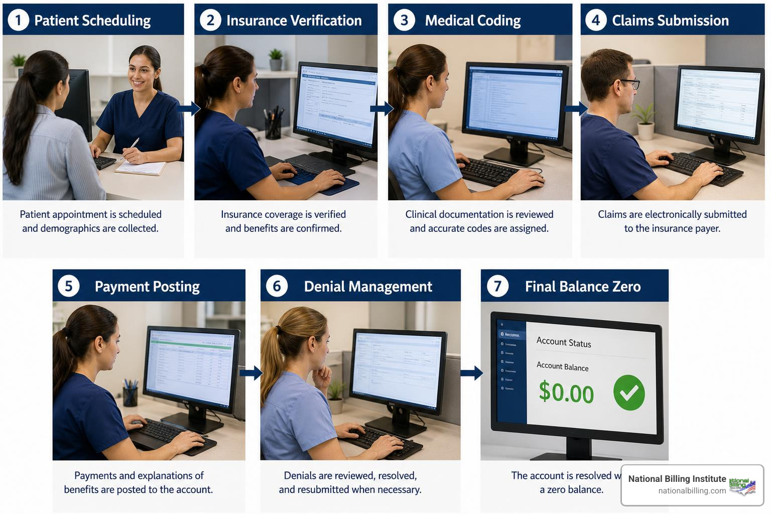 7-step revenue cycle workflow from patient scheduling to final balance zero