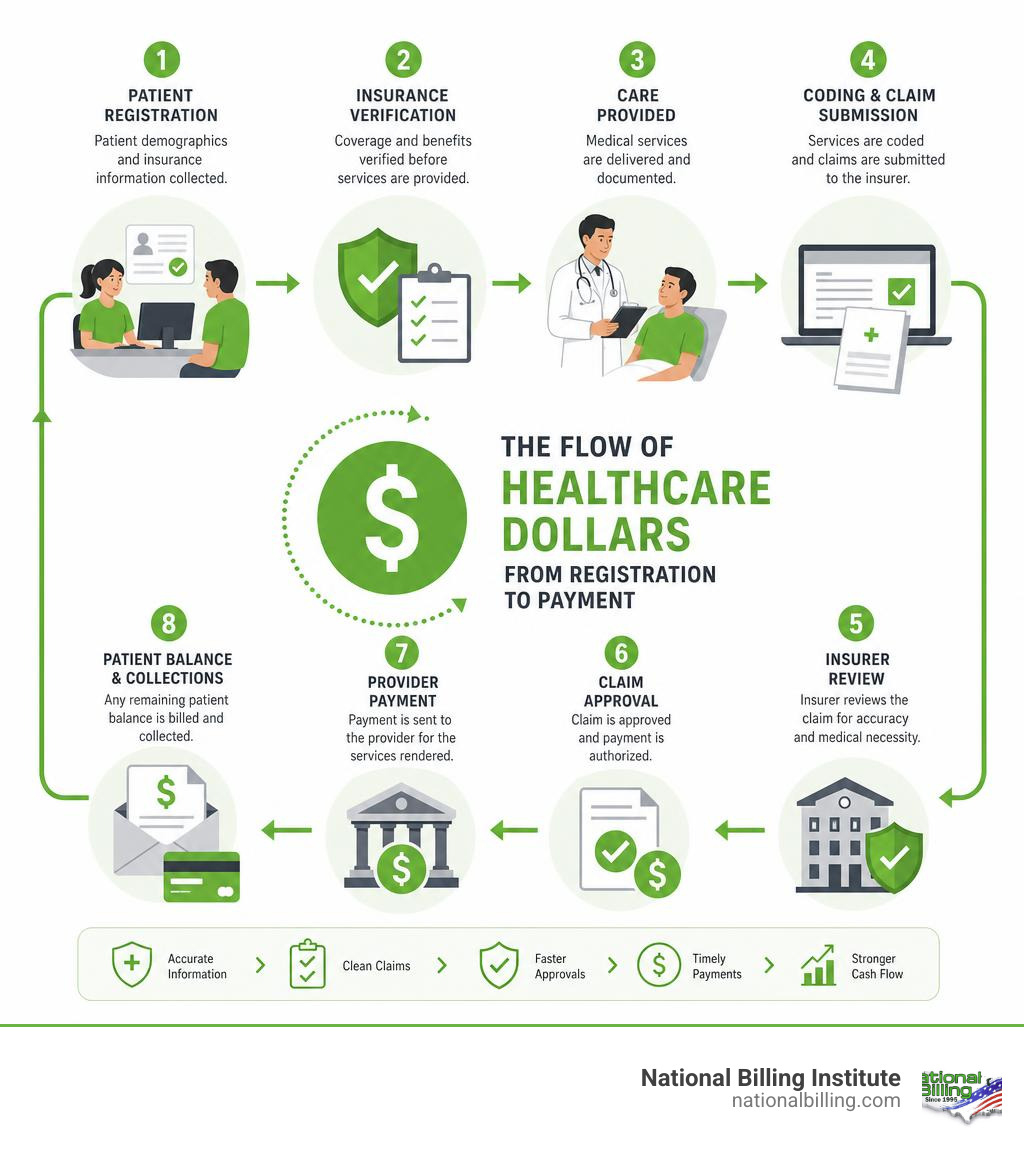 Flow of healthcare dollars from patient registration through insurance claim to provider payment infographic