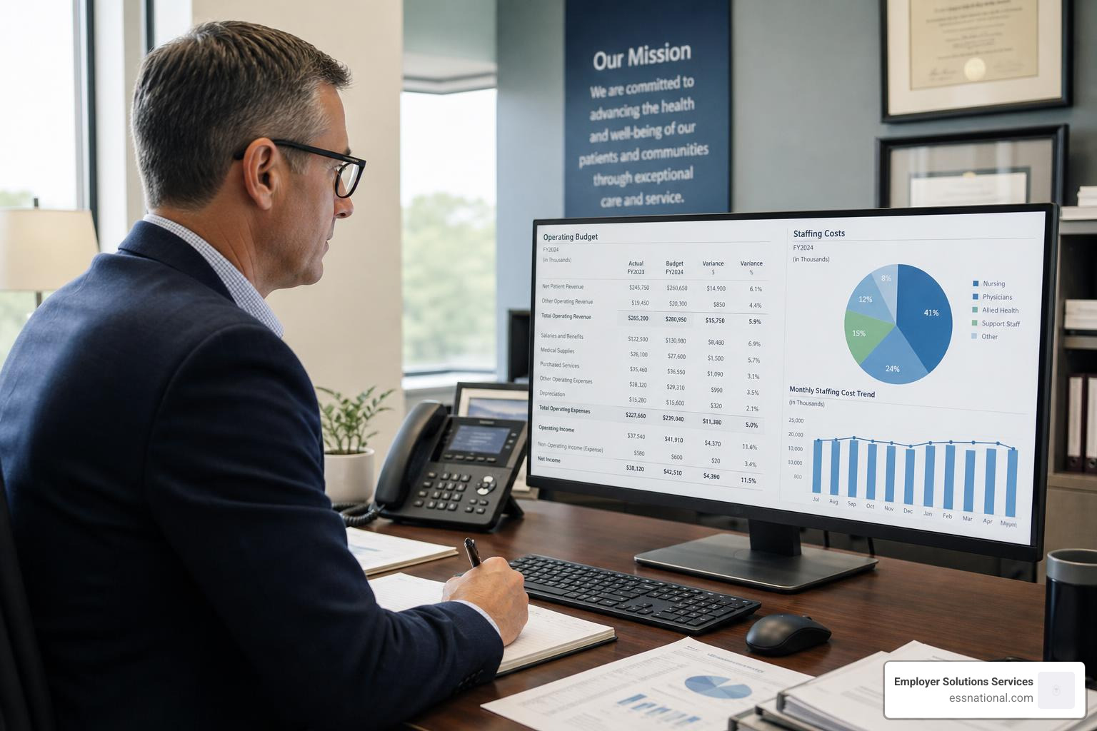 A healthcare administrator analyzing a budget spreadsheet and staffing costs on a computer screen A healthcare administrator analyzing a budget spreadsheet and staffing costs on a computer screen