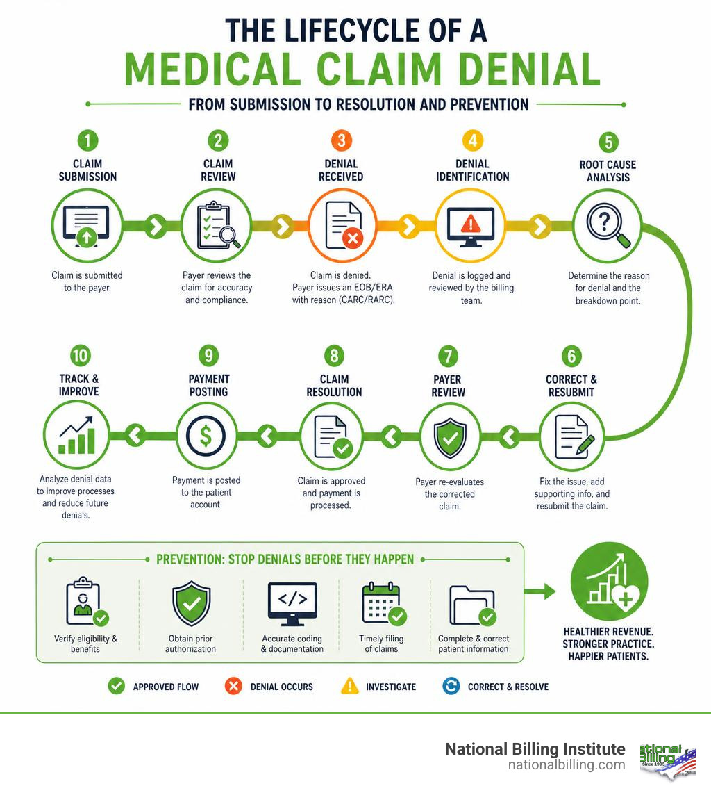 Lifecycle of a medical claim denial from submission to resolution and prevention infographic infographic