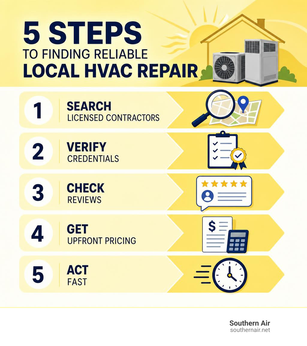 Infographic showing 5 steps to finding reliable local HVAC repair: search licensed contractors, verify credentials, check Infographic showing 5 steps to finding reliable local HVAC repair: search licensed contractors, verify credentials, check