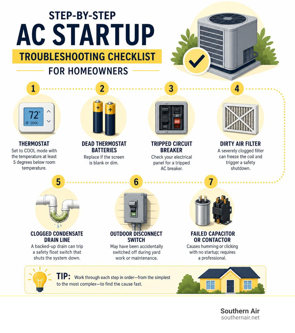 Step-by-step AC startup troubleshooting checklist for homeowners infographic Step-by-step AC startup troubleshooting checklist for homeowners infographic