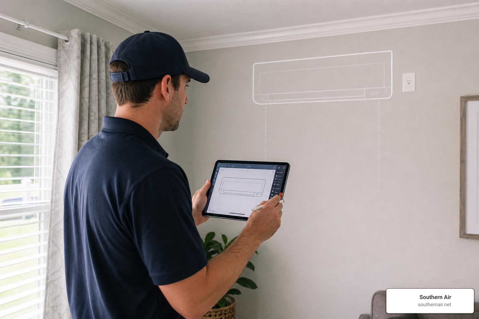 Technician planning mini split indoor unit placement Technician planning mini split indoor unit placement