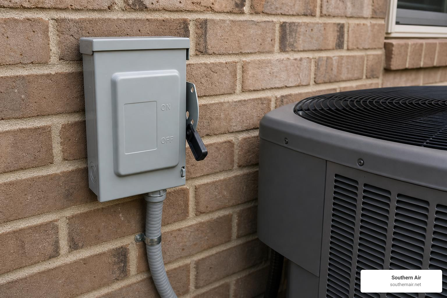 Outdoor AC disconnect box mounted on a brick wall next to a condenser unit Outdoor AC disconnect box mounted on a brick wall next to a condenser unit
