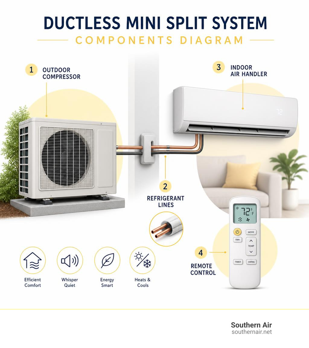 Ductless mini split system components diagram: outdoor compressor, refrigerant lines, indoor air handler, remote control Ductless mini split system components diagram: outdoor compressor, refrigerant lines, indoor air handler, remote control