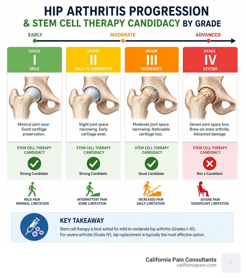 infographic showing hip arthritis progression stages and stem cell therapy candidacy by grade infographic