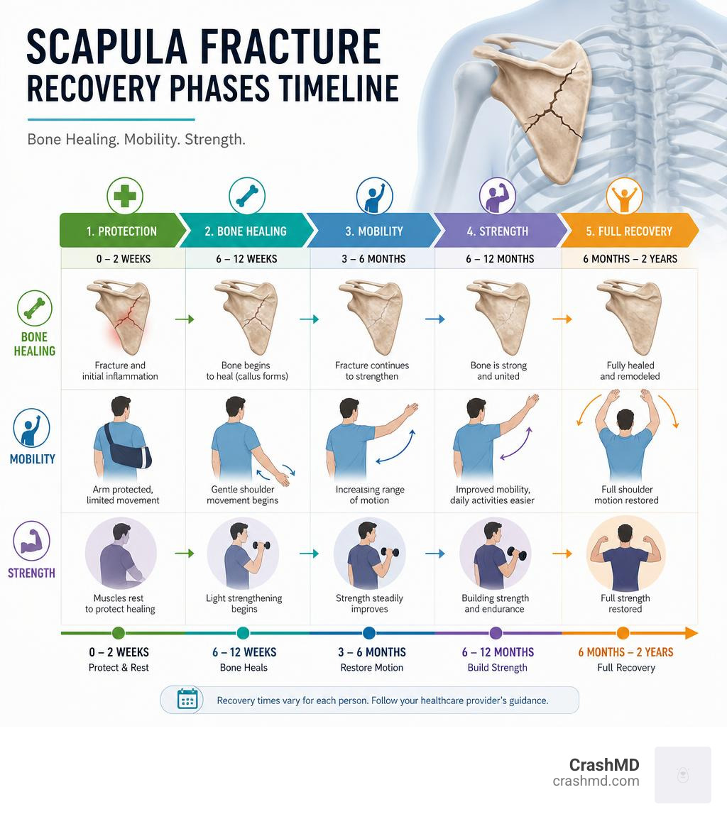 Scapula fracture recovery phases timeline infographic showing bone healing, mobility, and strength stages infographic Scapula fracture recovery phases timeline infographic showing bone healing, mobility, and strength stages infographic