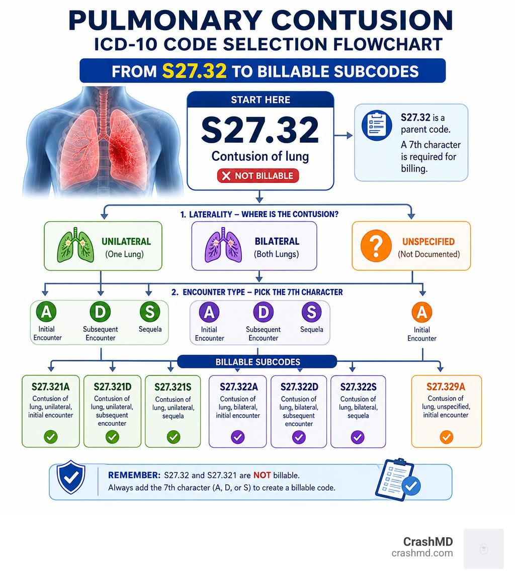 Pulmonary contusion ICD-10 code selection flowchart from S27.32 to billable subcodes infographic Pulmonary contusion ICD-10 code selection flowchart from S27.32 to billable subcodes infographic