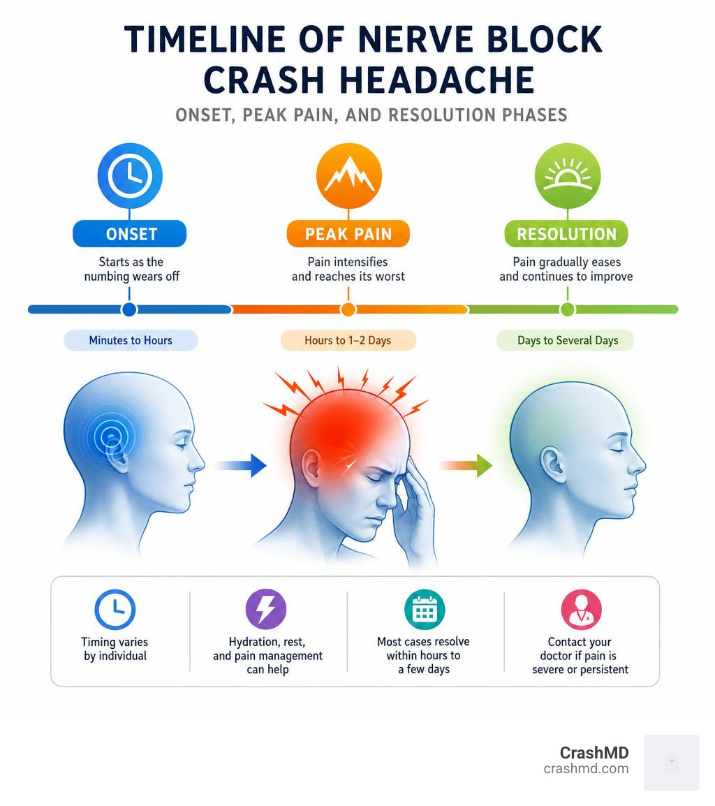Timeline of nerve block crash headache: onset, peak pain, and resolution phases infographic
