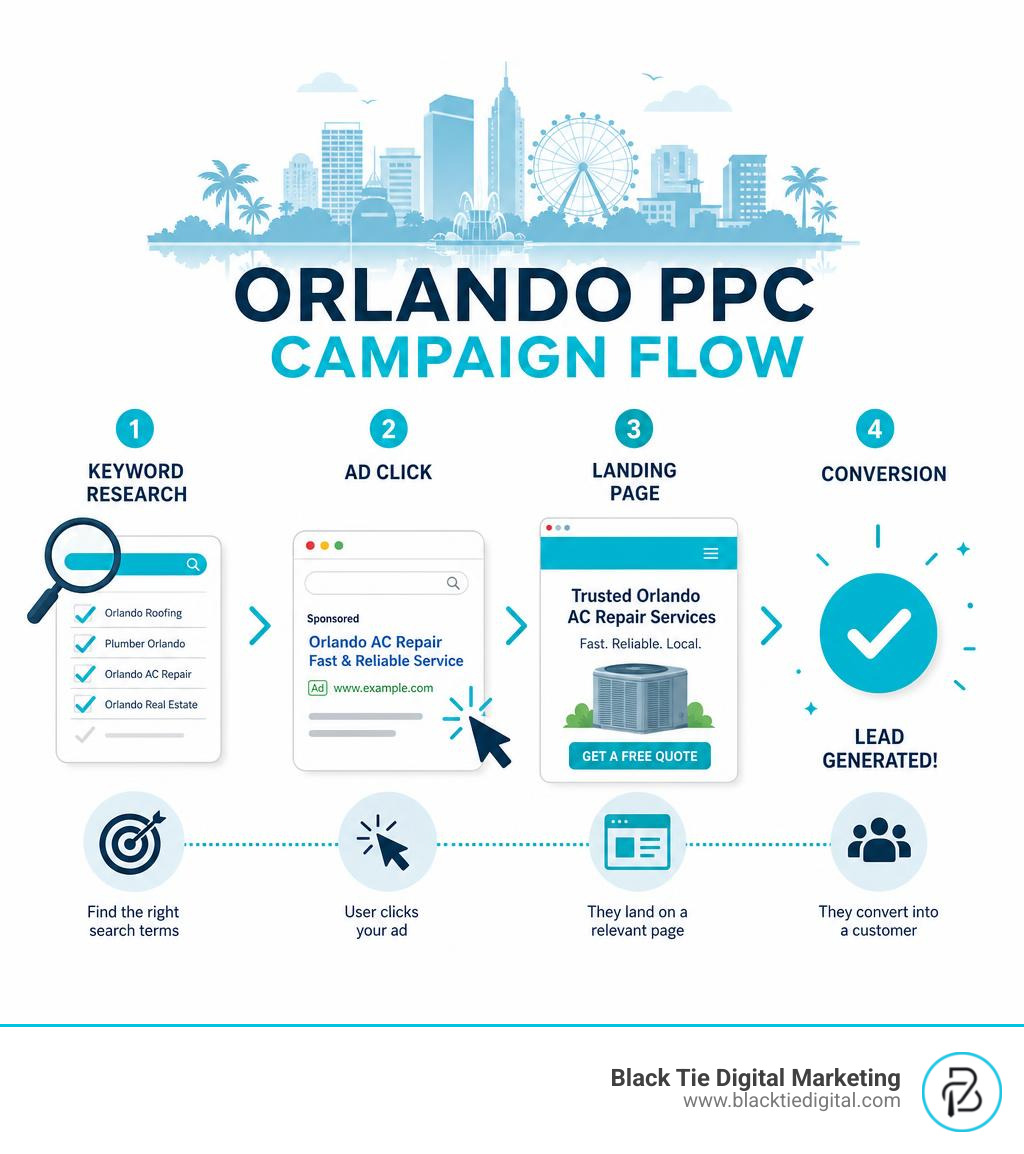 Infographic showing Orlando PPC campaign flow from keyword research to ad click to landing page to conversion infographic