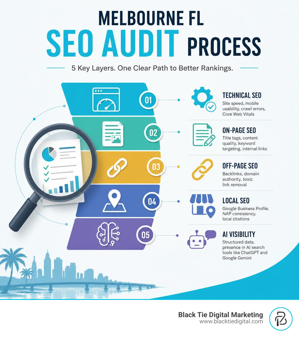 Melbourne FL SEO audit process infographic showing technical, on page, off page, local, and AI visibility layers infographic