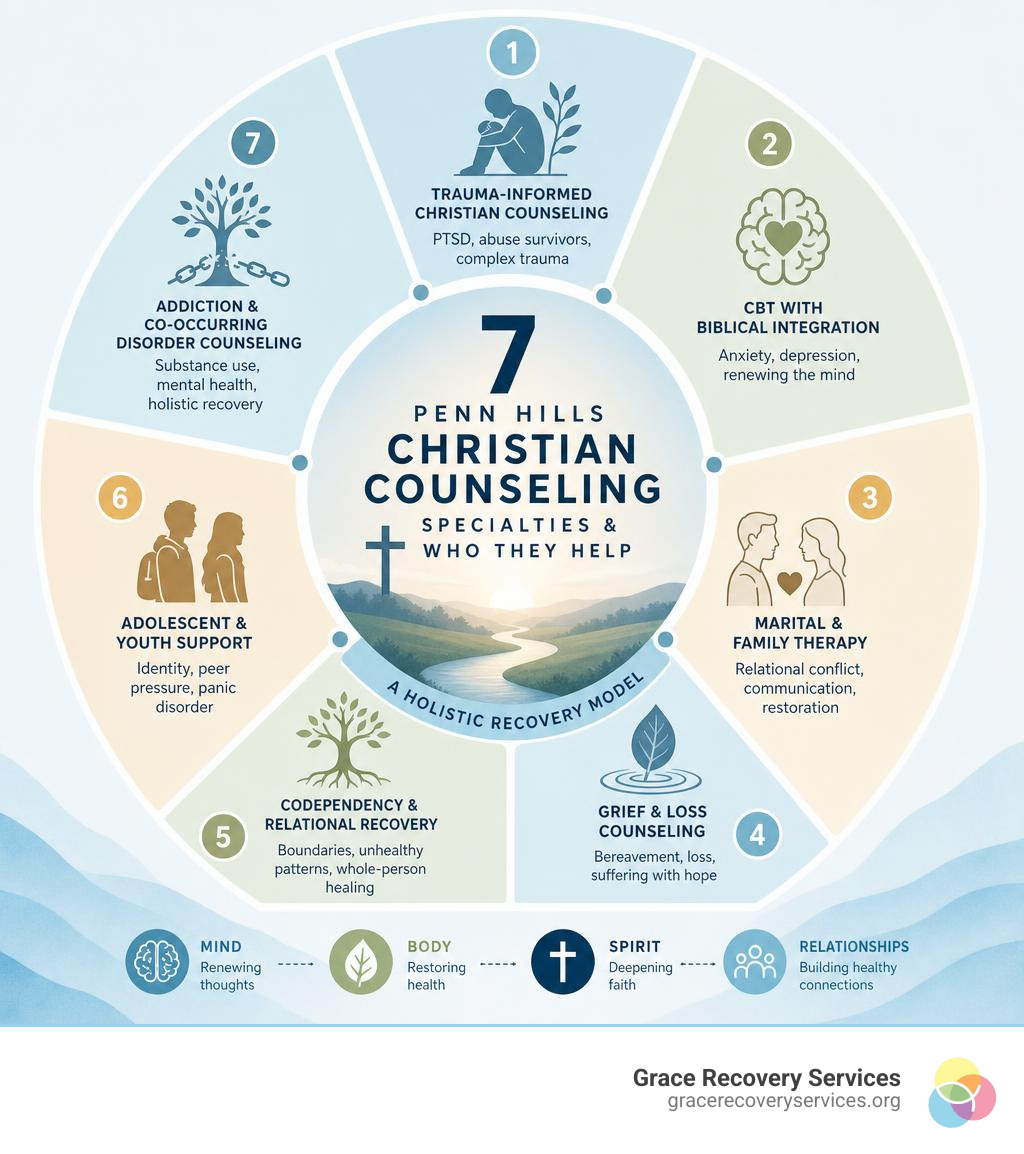 Infographic showing 7 Penn Hills Christian counseling specialties and who they help in a holistic recovery model infographic Infographic showing 7 Penn Hills Christian counseling specialties and who they help in a holistic recovery model infographic