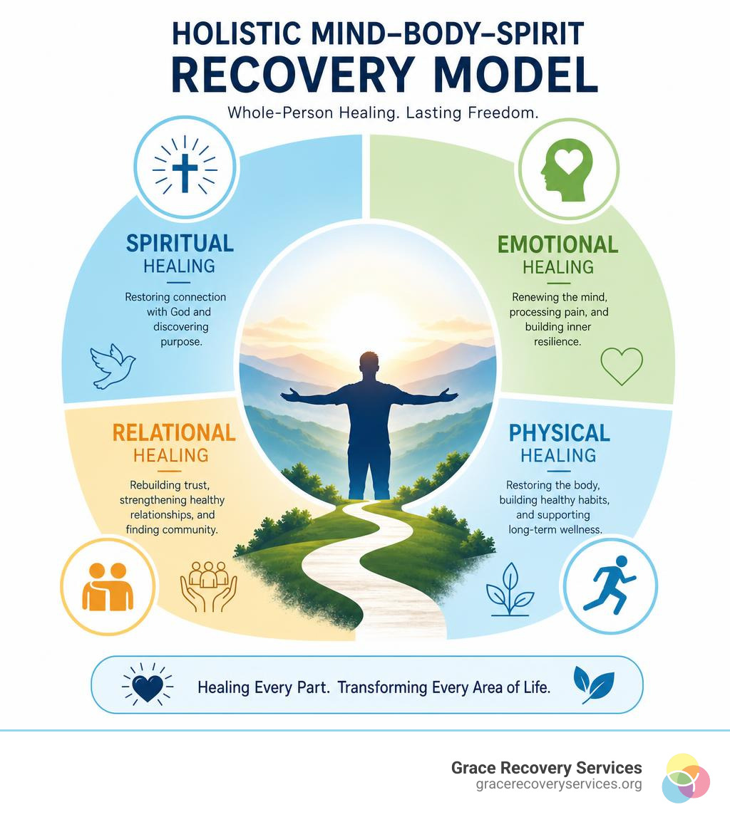 Holistic mind-body-spirit recovery model showing spiritual, emotional, relational, and physical healing pillars infographic
