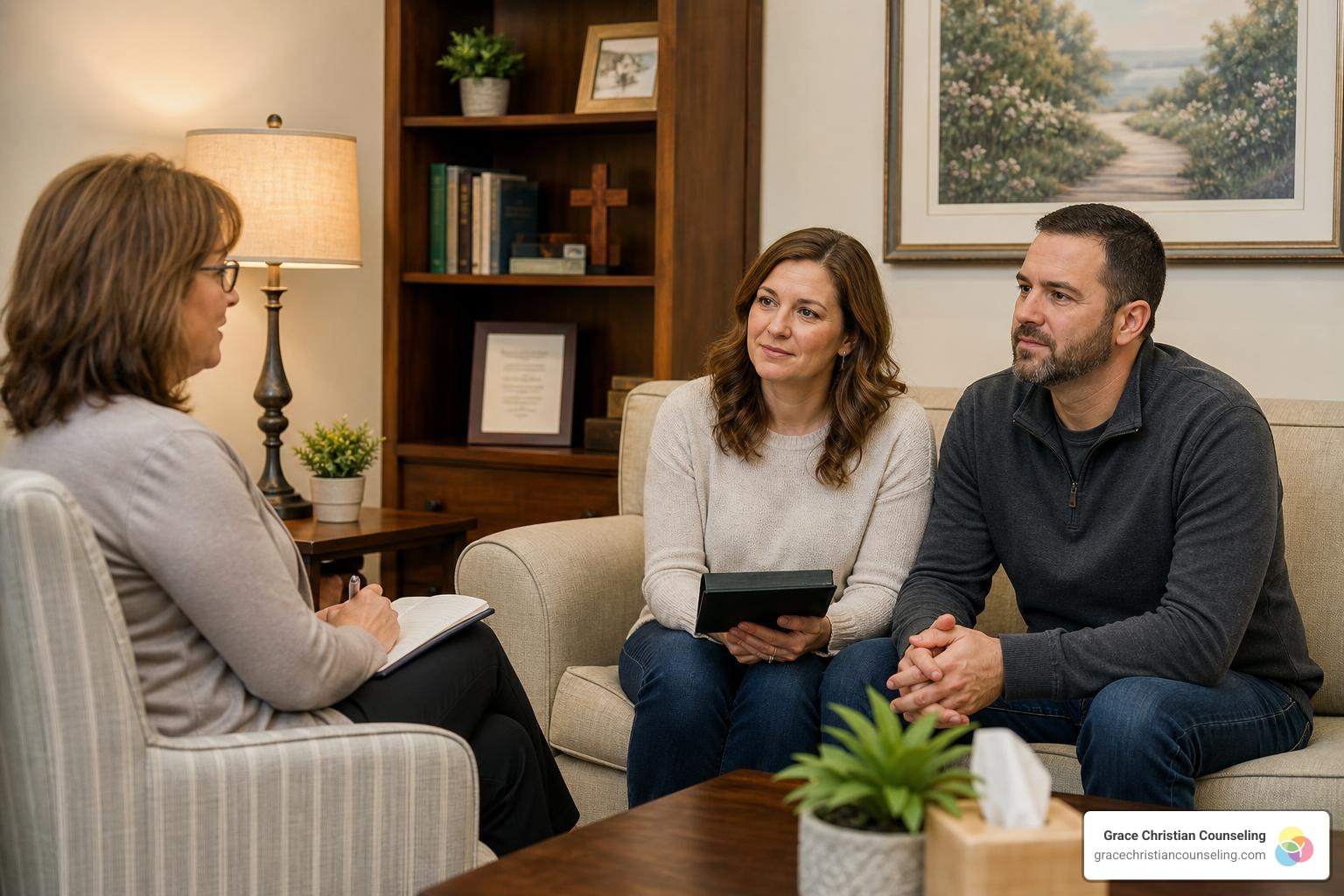 A licensed counselor guiding a Christian couple through a warm and supportive conversation