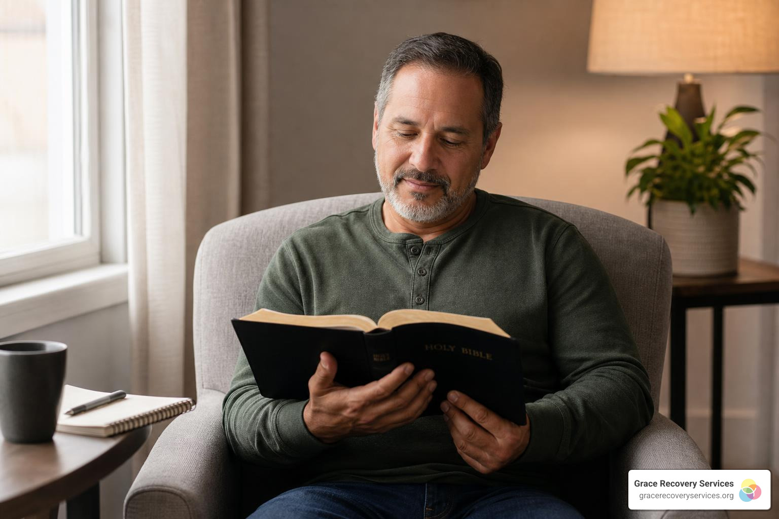 A person sitting in a quiet room, meditating on Scripture and finding peace A person sitting in a quiet room, meditating on Scripture and finding peace